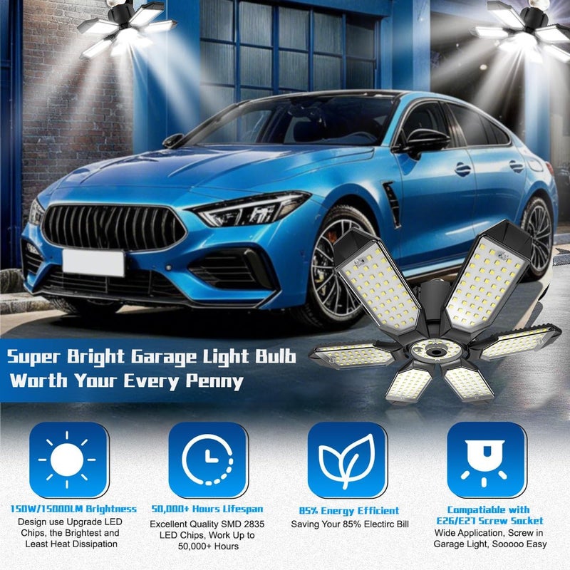 POLARPRA LED Garage Lights - 30000LM Super Brighter Garage Lighting w/ 6 Deformable Panels 6500K Led Shop Lights E26 Screw in Base for Basement Workshop Warehouse Attic - 2Pack - Image 2